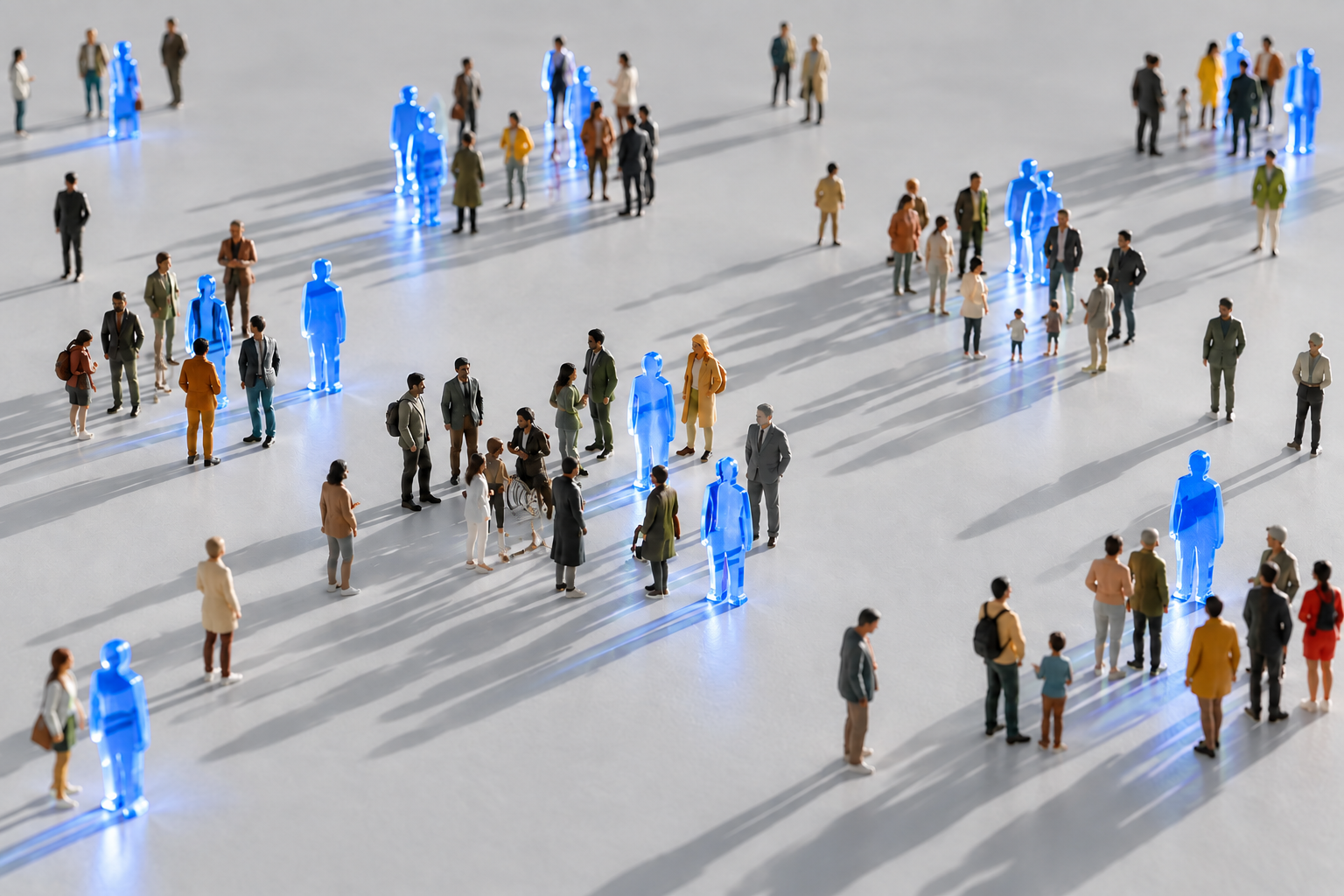 Conceptual population of miniature people with translucent blue figures