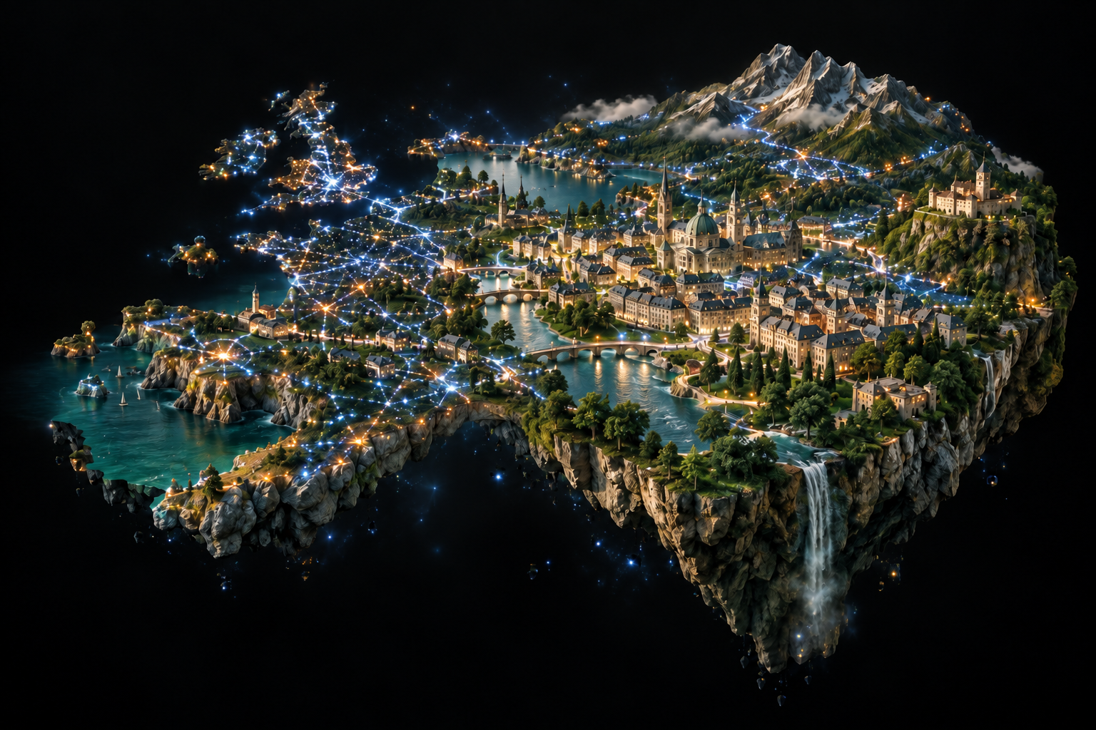 Conceptual city landscape illuminated by networks of population and movement