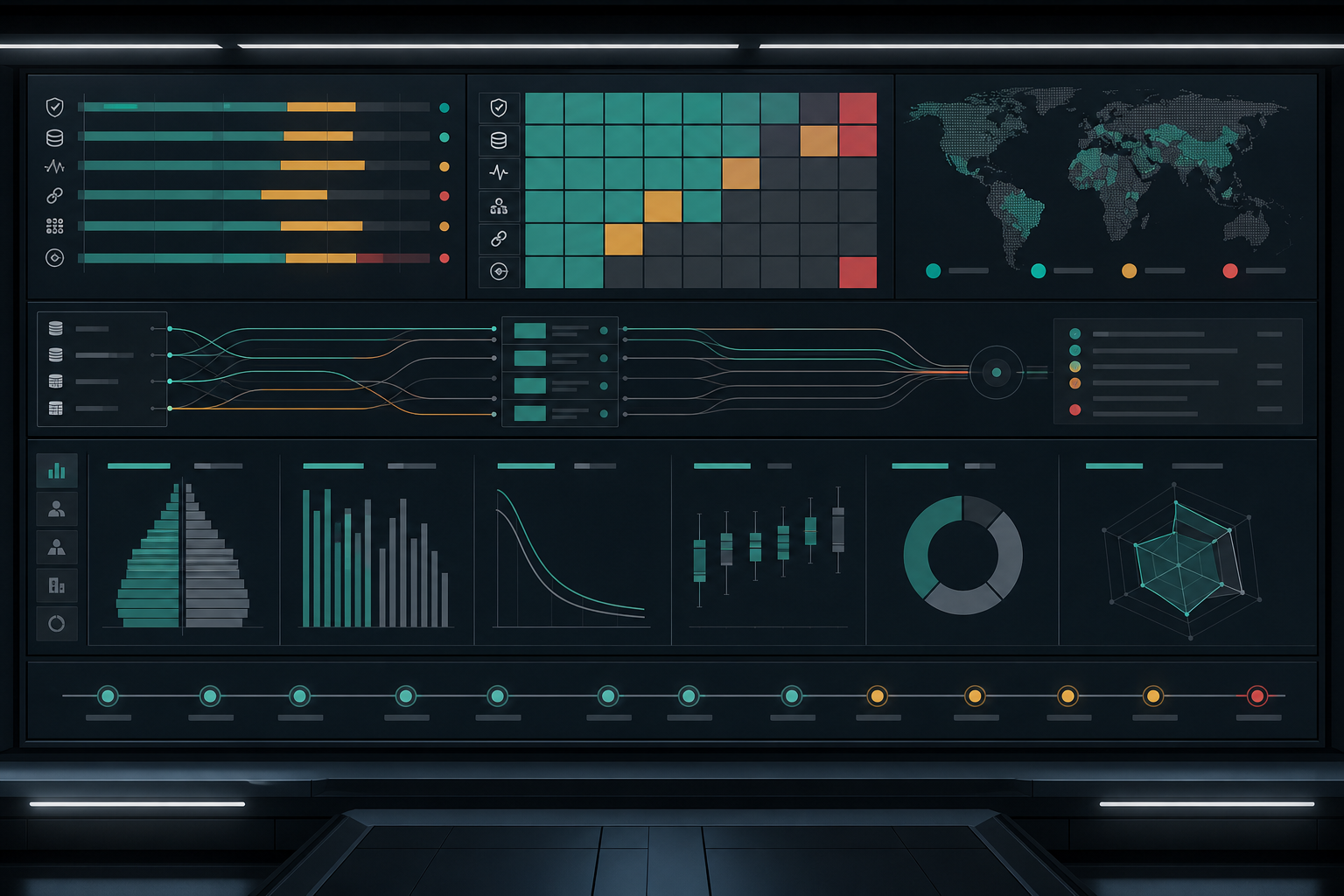 Abstract quality dashboard showing validation bands, readiness matrices, and release checks.